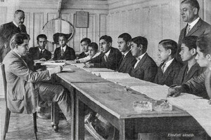 Bihari Music School. Budapest, Hungary, 1929. Teaching music theory, Károly Bura (background left) and Antal Polgár (forefront right).