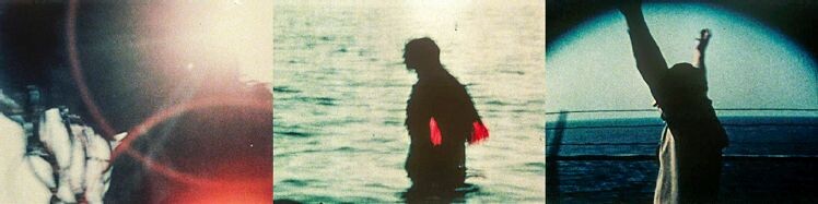 Haarsträhnen, Sonne erzeugt rote Ringe; Mitte: abstrakte Figur im Meer; rechts: Objektivkreis, Figur mit ausgebreiteten Armen.