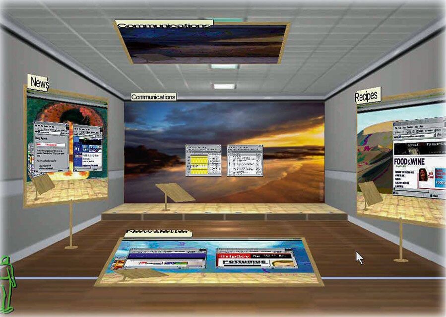 Computerdesktop, der nicht flach ist, sondern einen Raum mit Wänden und Decke zeigt, in dem Arbeitsfenster dreidimensional angeordnet erscheinen.