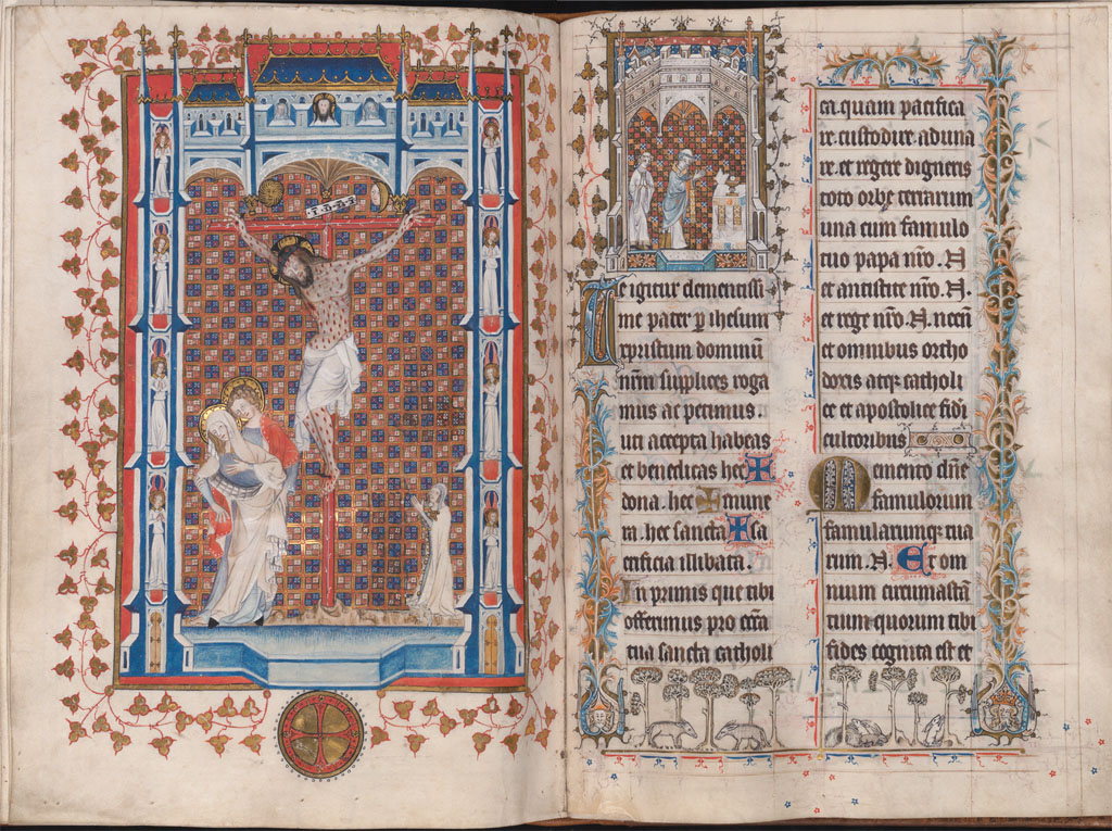 The Crucifixion (Artist 2) and the opening of the Canon of the Mass (Artist 1). Winter Missal of Arnold of Rummen, Sint-Truiden (text), Ghent (decoration and illumination), c.1345–1366. The Hague, Huis van het boek, Ms. MMW 10 A 14, fols. 143v–144r