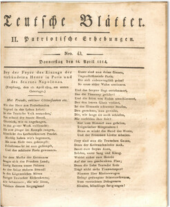 Teutsche Blätter. II. Patriotische Erhebungen. Nro. 43. Donnerstag den 14. April 1814, S. 153/154. Exemplar der Universitätsbibliothek Freiburg i.Br. (Signatur: H 2264 f 1814)