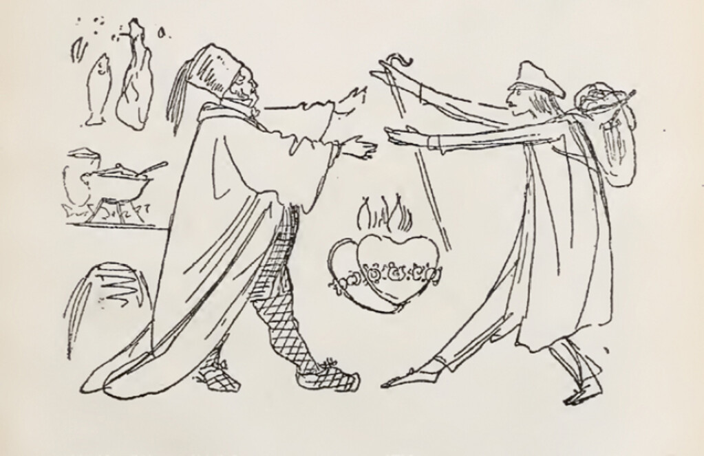 Wilhelm Kaulbach, Athanasius RaczyÅski Greets the Painter Wilhelm Kaulbach in his Home, caricature in a letter from Kaulbach to his wife Josephine from August 1846, in: Josefa Dürck-Kaulbach, Erinnerungen an Wilhelm von Kaulbach und sein Haus, 1921