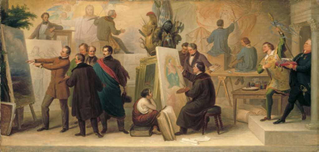 Wilhelm Kaulbach, Artists Appointed by King Ludwig I to Realise his Ideas in the Field of Historical, Battle-scene, Landscape and Genre Painting, sketch for a fresco to be placed on the facade of the Pinacotheca in Munich, c.1849