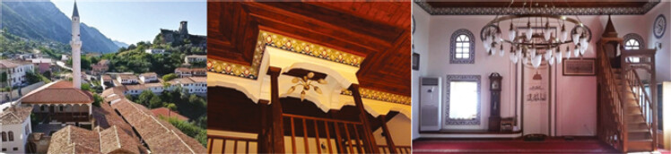 Image of the mosque after restoration (left), decoration at the womenâs mahfel (middle) and interior of main prayer hall (right-KMSH)