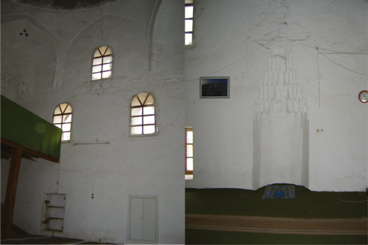 Interior of Naziresha mosque before restoration in 2005 (left) and (right-Manahasa)