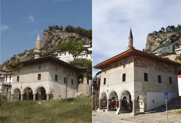 Mosque of Beqareve in 2005 (left) and after restoration in 2021 (right-from KMSH)