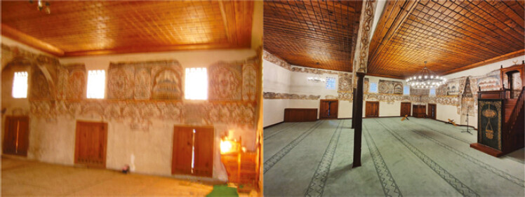 Inner image of north-east wall in 2005 (left) and after restoration in 2021 (right-KMSH)