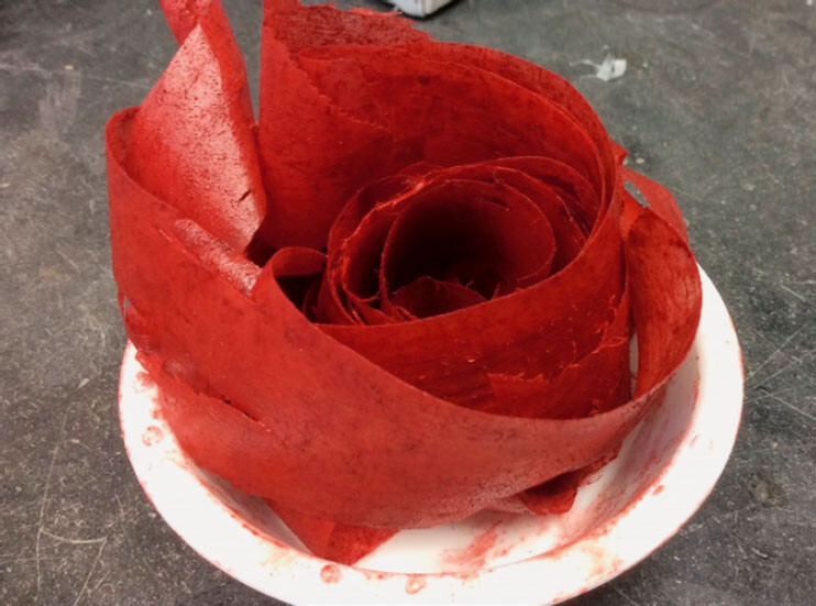 Imitation rose, made from shavings of painted bovine horn, from first trial of imitation jasper, following instructions in Ms. Fr. 640