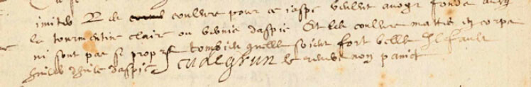 Detail of folio 10r, Ms. Fr. 640, showing the text at the end of the main recipe squeezed into the little space available above and around the title for the following recipe