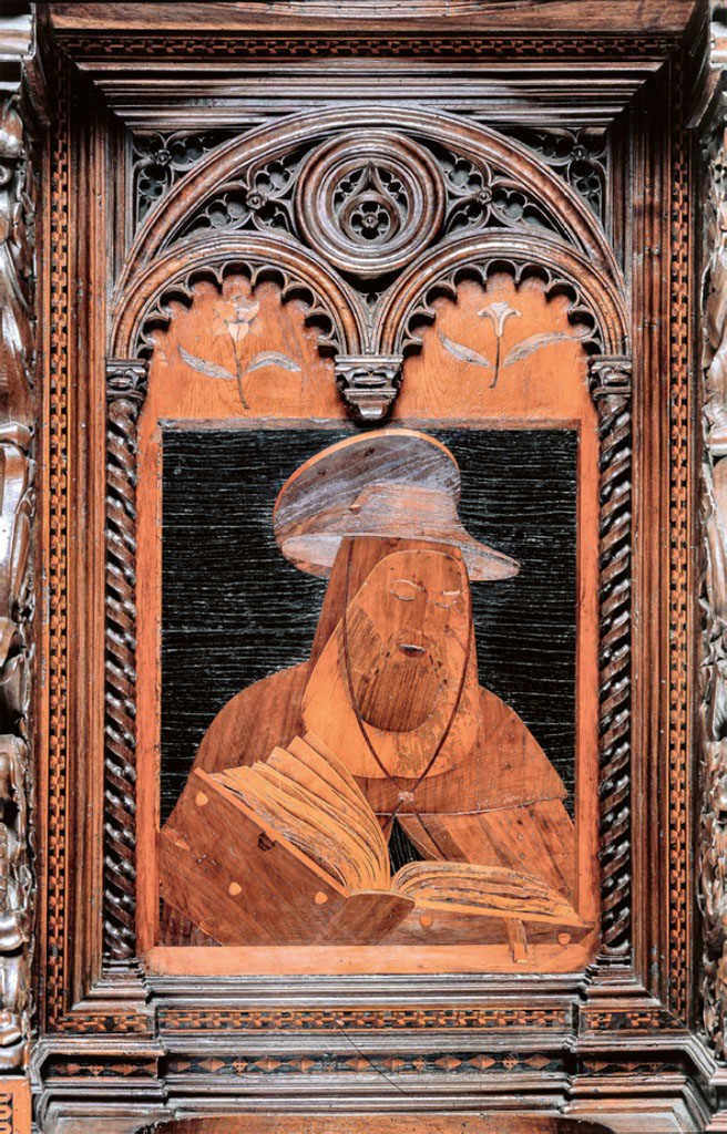 Cristoforo Canozi, St. Jerome, c.1471. Wood intarsia, Modena, Duomo, choir, detail of intarsia panel