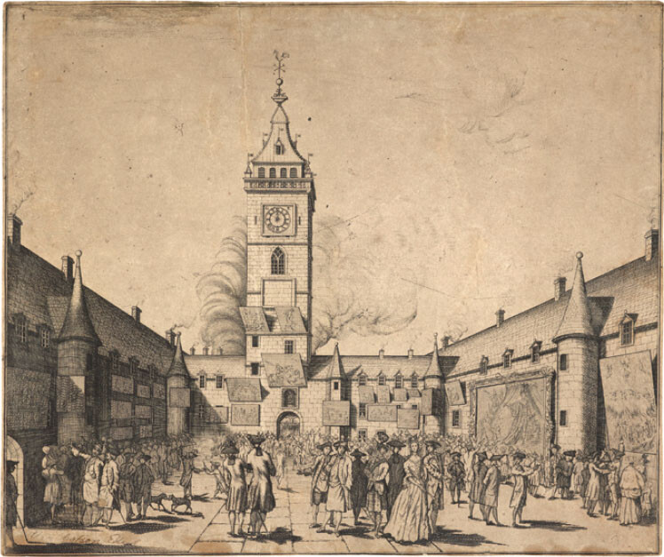 David Allan, exhibition of the Foulis Academy’s paintings in the inner court of the University of Glasgow. Engraving, 23.5 cm × 28.5 cm