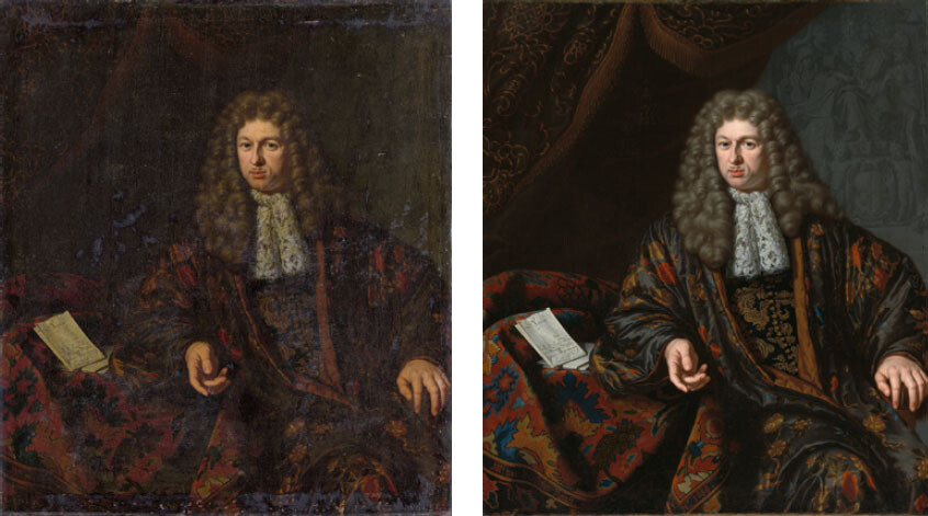 Michiel van Musscher, Portrait of Nicholaes Witsen (1641–1717), 1688. Oil on canvas, 54 cm × 48 cm. Before and after cleaning, showing the huge tonal difference when many layers of discoloured varnish are removed