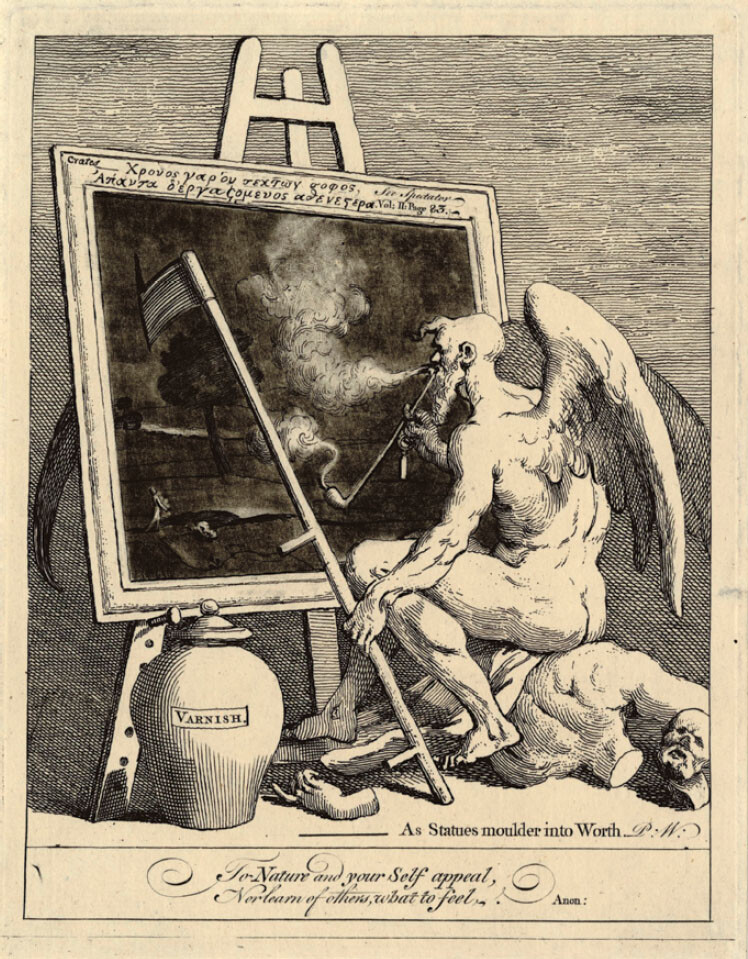 William Hogarth, time as an old winged man sitting on a broken statue, blowing pipe smoke at a dark landscape painting which he has pierced with his scythe; to left, a large jar labelled ‘Varnish’, 1761. Receipt burnished out and sheet trimmed. Etching, engraving and mezzotint