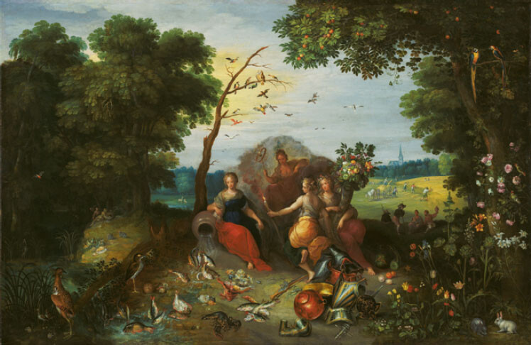 Jan Brueghel II and Frans Francken II, Landscape with allegories of the four elements, c.1635. Oil on panel, 53 cm × 81 cm
