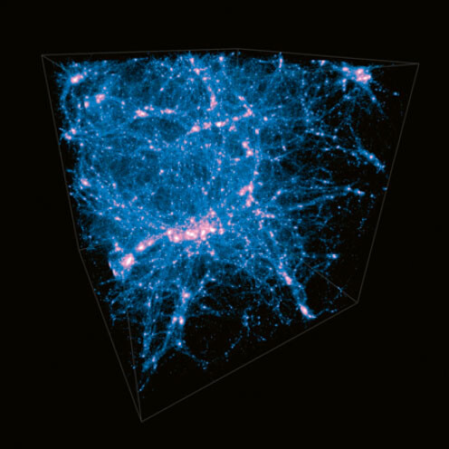 This visualisation represents the large scale structure of the universe, known as the âcosmic webâ. The density of the so-called âdark matterâ is shown here as the pink filaments, where the brightest areas represent the most dense concentrations of dark matter in Illustris. Original caption: âExterior view of the dark matter density distribution in the full Illustris-1 box at redshift zeroâ (Illustris Collaboration, 2015b)