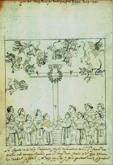 Manuscrito de Tlaxcala. Folio 239v. Levantamiento de la primera cruz de Nueva España por parte de doce frailes franciscanos