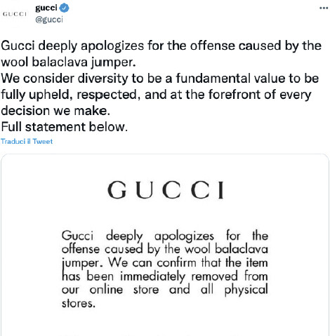 Gucci’s apologies on Twitter
