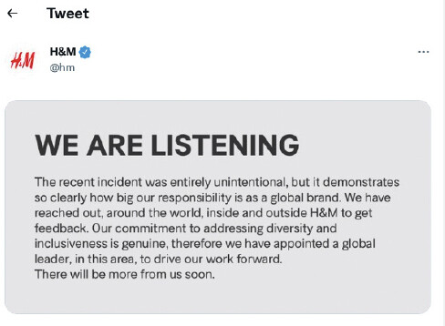 H&M further statement of apologies released on Twitter on January 16th, 2018