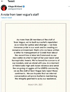 Teen Vogue staff’s Twitter statement on the accuses toward Alexi McCammond