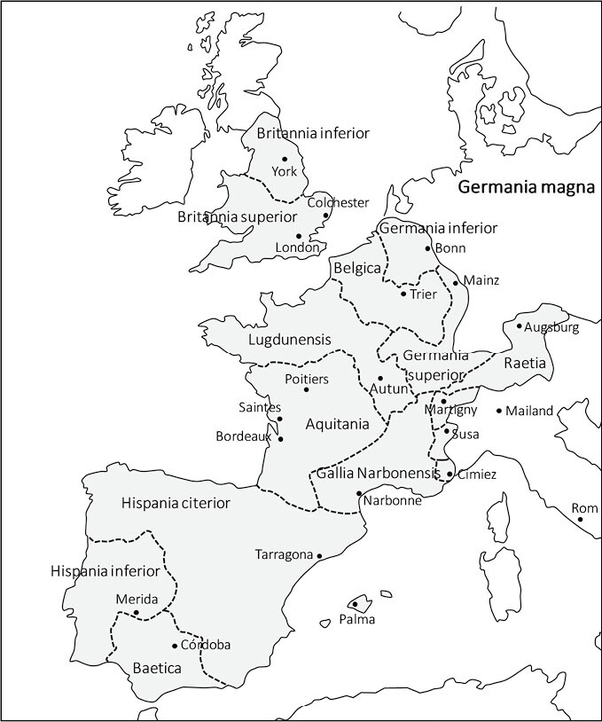 Map of the Gallic Empire at the peak of its power under Postumus (258–268 CE)
