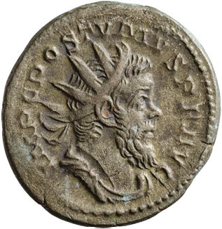 Obverse of antoninianus of Postumus, 260–268 CE, Lyon (RIC V Postumus 75 or 315). Image: Clothed and armoured bust of Postumus with radiate crown, facing to the right. Legend: IMP C POSTVMVS P F AVG