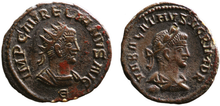 Obverse and reverse of denarius of Aurelian, 270–271 CE, Antioch (RIC V Aurelian 381). Obverse image: Armoured bust of Aurelian facing the right side with radiate crown and cuirass. Obverse legend: IMP C AVRELIANVS AVG. Reverse image: Armoured bust of Vaballathus facing the right side with laurel wreath. Reverse legend: VABALATHVS VCRIMDR