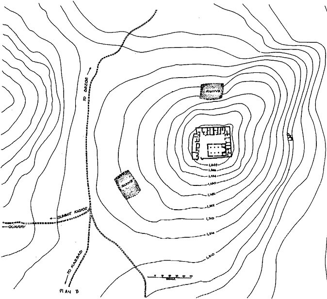Map: St. Barlaam, location of the monastery on Mount Kasios (Jebel al-Aqra (Kel Dağı)); the path to the main summit with the fire altar is marked on the lower left