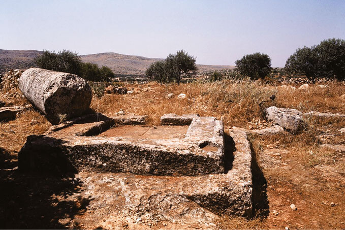 Convent of Kafr Daryan with base of the stylite column from east with fragment of column shaft in background