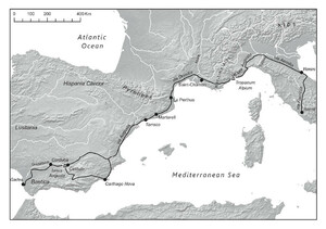 The roads that made up the route from Rome to Gades. Ancient names of monuments, towns, and roads are italicized, modern names are not