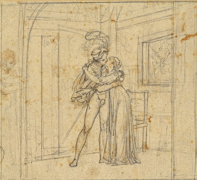Moritz Retzsch, drawing for Faust and Margaret kissing, n.d., 13.6 × 15 cm