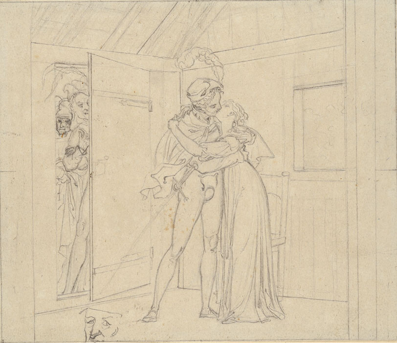 Moritz Retzsch, Faust and Margaret kissing, final drawing used for the etched plate, n.d., 14 × 16.3 cm