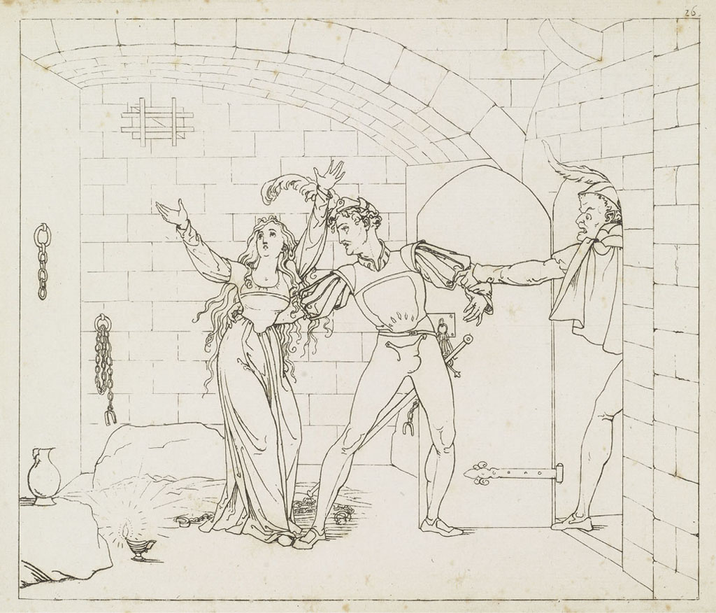 Moritz Retzsch, Final prison scene, Umrisse zu Goethe’s Faust gezeichnet von Retsch (Stuttgart & Tübingen: Cotta, 1816), pl. 26