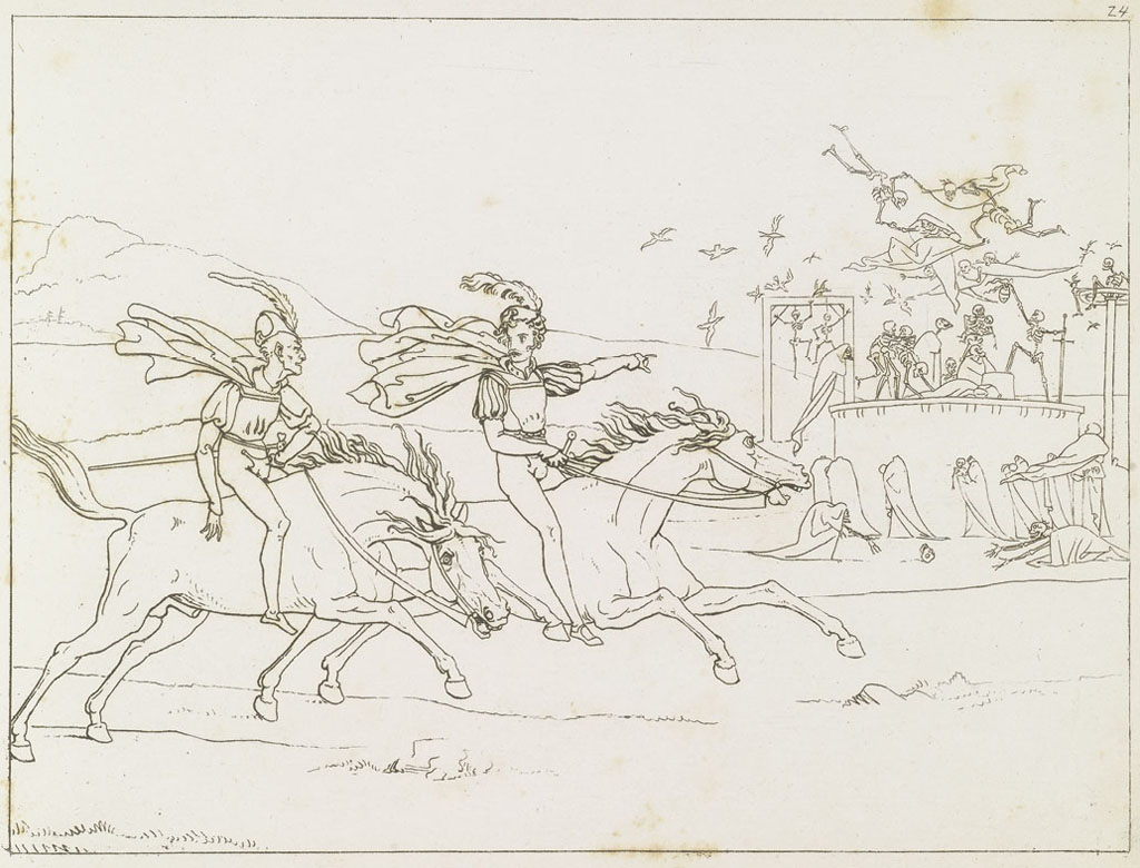 Moritz Retzsch, Faust and Mephistopheles galloping past the Rabenstein, Umrisse zu Goethe’s Faust gezeichnet von Retsch (Stuttgart & Tübingen: Cotta, 1816), pl. 24