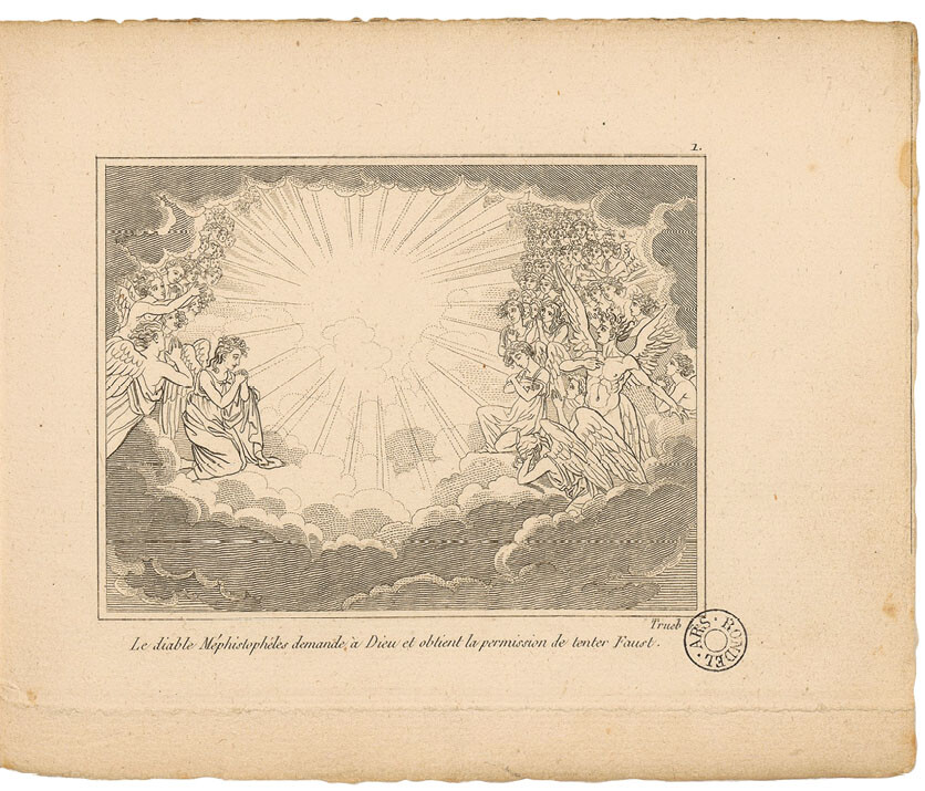 Trueb, engraved copy of pl. 1 after Moritz Retzsch replacing God by beaming rays, in Faust. Vingt-six gravures d’après les dessins de Retsch (Paris: Audot, 1828)