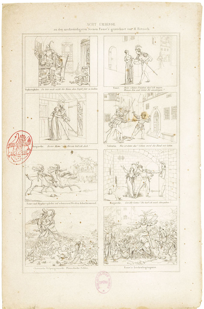 Acht Umrisse zu den merkwürdigsten Scenen Faust’s gezeichnet von M. Retzsch, c.27.5 × 18 cm, eight outlines after Moritz Retzsch for Faust I and II as synoptic frontispiece for various editions of Goethe’s works (Paris: Baudry, 1840s and 1850s)