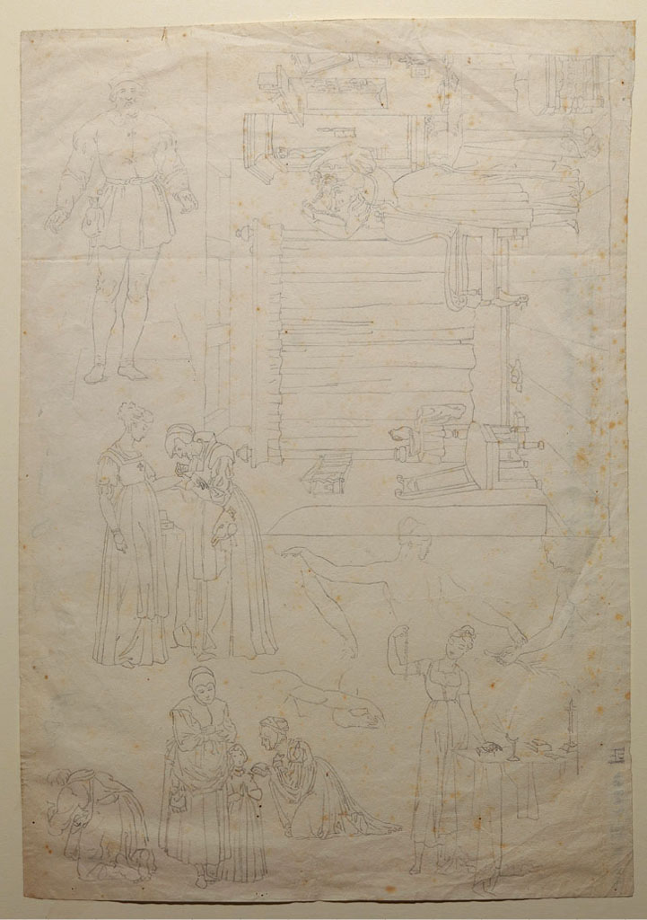 Sheet of tracing paper with pencil copies of four Gretchen scenes and other outlines after Moritz Retzsch, n.d., 30 × 21.2 cm