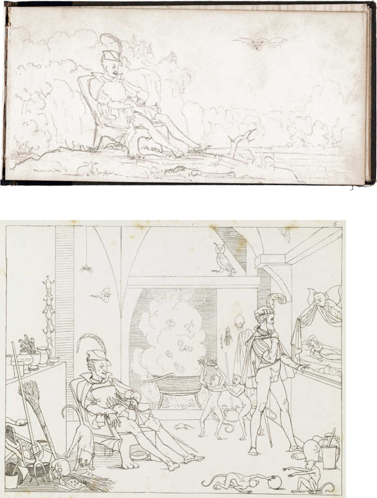 (top) Ronald Ross, Mephistopheles sitting in a landscape, figure lifted from Moritz Retzsch’s pl. 6. From Ross landscape sketchbook in half leather, post 1872, 13.2 × 25.8 cm; (bottom) Moritz Retzsch, The witch’s kitchen, Umrisse zu Goethe’s Faust gezeichnet von Retsch (Stuttgart & Tübingen: Cotta, 1816), pl. 6