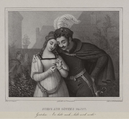 Friedrich August Zimmermann after Moritz Retzsch, Scene from Goethe’s Faust. Gretchen: “He loves me, he loves me not,” lithograph, n.d., 35.5 × 49 cm, printed by G. Braunsdorf, published by Eduard Pietzsch and Co., Dresden