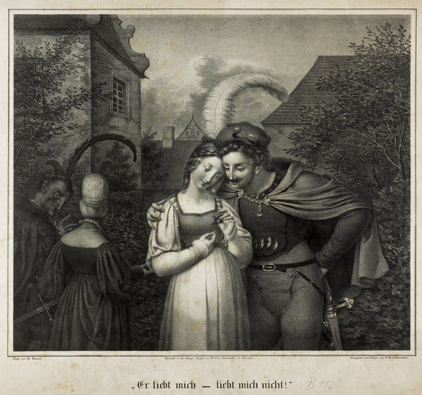 Heinrich Ferdinand Grünewald after Moritz Retzsch, Scene from Goethe’s Faust. Gretchen: “He loves me, he loves me not,” lithograph, n.d., 43 × 50 cm, printed in Grünewald’s establishment
