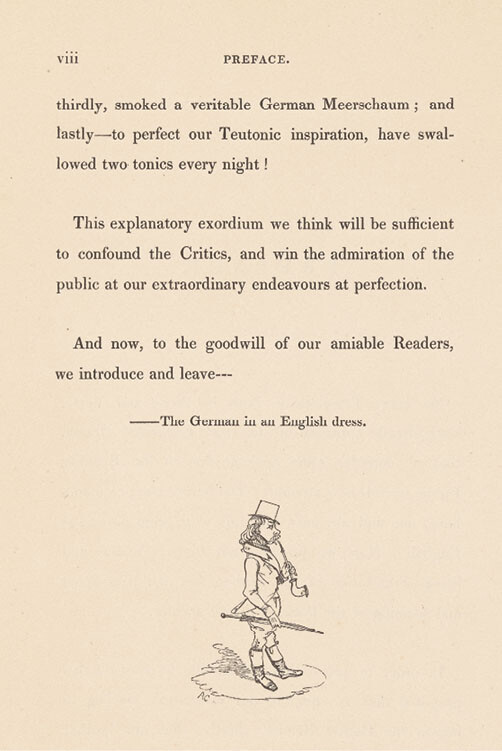Alfred Crowquill, “The German in an English dress,” in Faust: A Serio-Comic Poem with Twelve Outline Illustrations (London: B. B. King, 1834), viii (author’s portrait-signature)