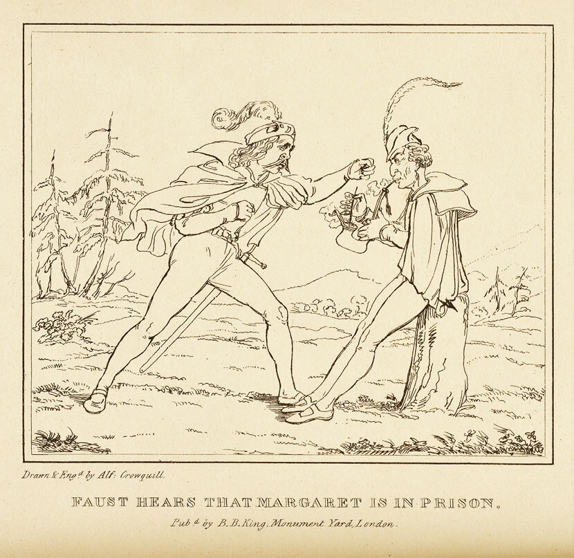 Alfred Crowquill, Faust Hears that Margaret is in Prison, in Faust: A Serio-Comic Poem with Twelve Outline Illustrations (London: B. B. King, 1834), pl. 11