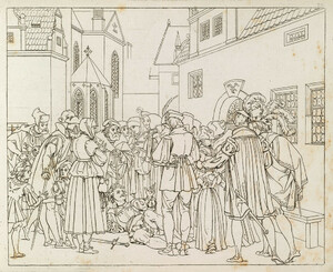 Moritz Retzsch, Valentine dying accuses his sister, Umrisse zu Goethe’s Faust gezeichnet von Retsch (Stuttgart & Tübingen: Cotta, 1816), pl. 20