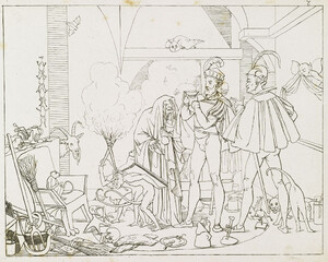 Moritz Retzsch, Faust drinks the potion in the witch’s kitchen, Umrisse zu Goethe’s Faust gezeichnet von Retsch (Stuttgart & Tübingen: Cotta, 1816), pl. 7