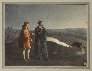 Moritz Retzsch, The poodle appearing in open country, coloured version, n.d., 14.6 × 19.4 cm. Umrisse zu Goethe’s Faust gezeichnet von Retsch (Stuttgart & Tübingen: Cotta, 1816), pl. 2