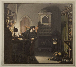 Moritz Retzsch, Faust’s study with the poodle growing, coloured version, n.d., 13.9 × 15.8 cm. Umrisse zu Goethe’s Faust gezeichnet von Retsch (Stuttgart & Tübingen: Cotta, 1816) pl. 3