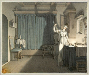 Moritz Retzsch, Margaret discovers the jewels, coloured version, n.d., c.14 × 16.7 cm. Umrisse zu Goethe’s Faust gezeichnet von Retsch (Stuttgart & Tübingen: Cotta, 1816), pl. 11