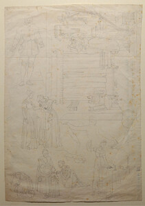 Sheet of tracing paper with pencil copies of four Gretchen scenes and other outlines after Moritz Retzsch, n.d., 30 × 21.2 cm