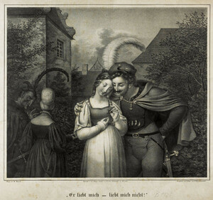 Heinrich Ferdinand Grünewald after Moritz Retzsch, Scene from Goethe’s Faust. Gretchen: “He loves me, he loves me not,” lithograph, n.d., 43 × 50 cm, printed in Grünewald’s establishment