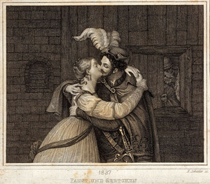 Édouard Schuler after Moritz Retzsch, Faust and Gretchen, engraving, 1837, 12.5 × 19.5 cm, cut out by Alexander Tille, provenance unknown
