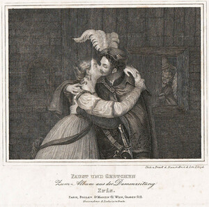 After Moritz Retzsch and following Édouard Schuler, Faust and Gretchen, steel engraving, post 1849, Album aus der Damenzeitung Iris, engraved and printed by the Art Institute of the Austrian Lloyd, published by E. Ludwig in Graz. Available in Paris and Vienna